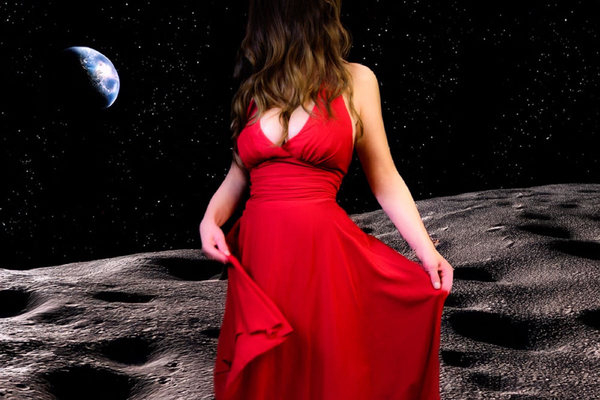 Frau von Flair Bordell Berlin in rotem Kleid allein auf dem Mond