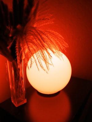 Leuchtende Kugellampe neben einer Vase mit getrockneten Gräsern auf einem Tisch, in rotem Licht.