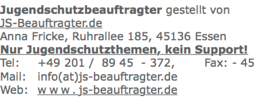 Kontaktinformationen für einen Jugendschutzbeauftragten, inklusive Name, Adresse, Telefonnummer, Faxnummer, E-Mail und Website.