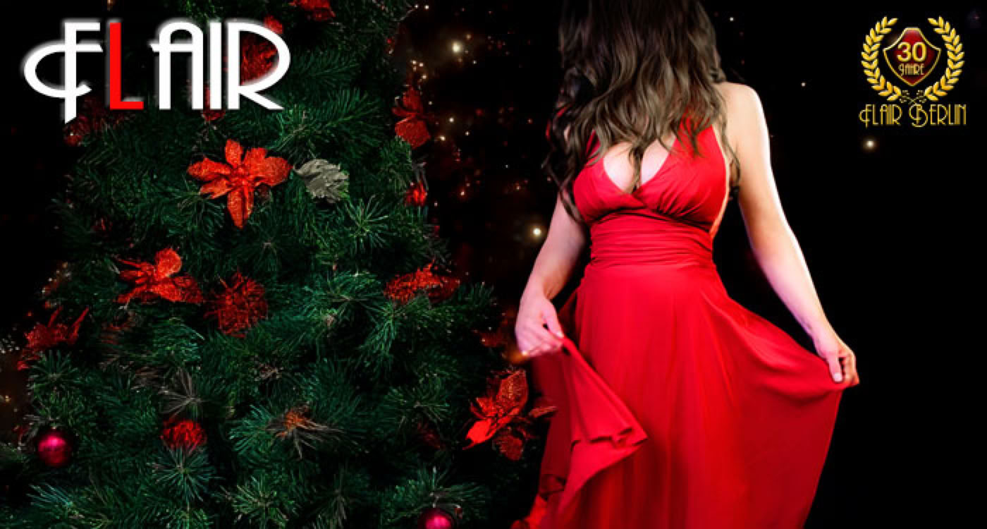 Inserate Flair Bordell Berlin - Frau in rotem Kleid vor schwarzem Hintergrund, links oben das Wort "FLAIR", rechts oben ein Emblem.