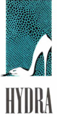 A stylized image of a high-heeled shoe with a snake-like pattern in blue and black, accompanied by the word "HYDRA" in bold letters below.