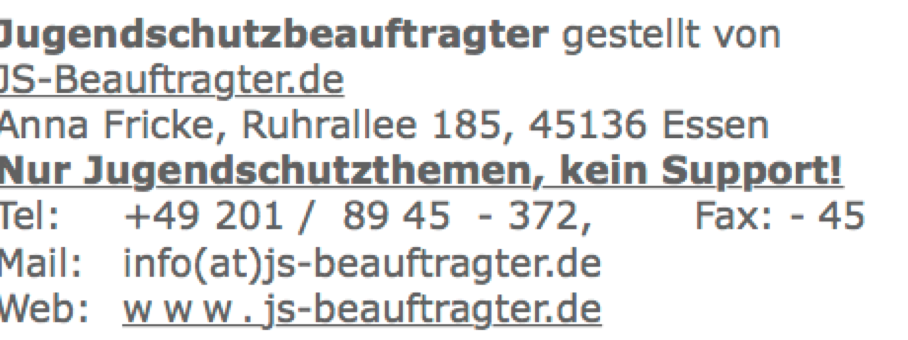 Text in German providing contact information for a youth protection officer, including a name, address, phone and fax numbers, email, and website.