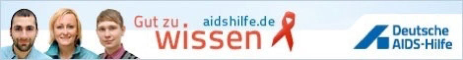 Drei Personen nebeneinander, Text "Gut zu wissen" mit roter Schleife, Logo der Deutschen AIDS-Hilfe.