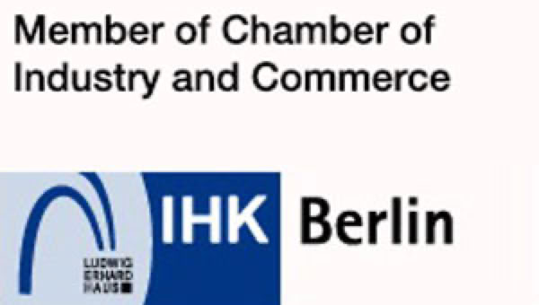"Text reading 'Member of Chamber of Industry and Commerce' above a logo with 'IHK Berlin' and a stylized blue arch."